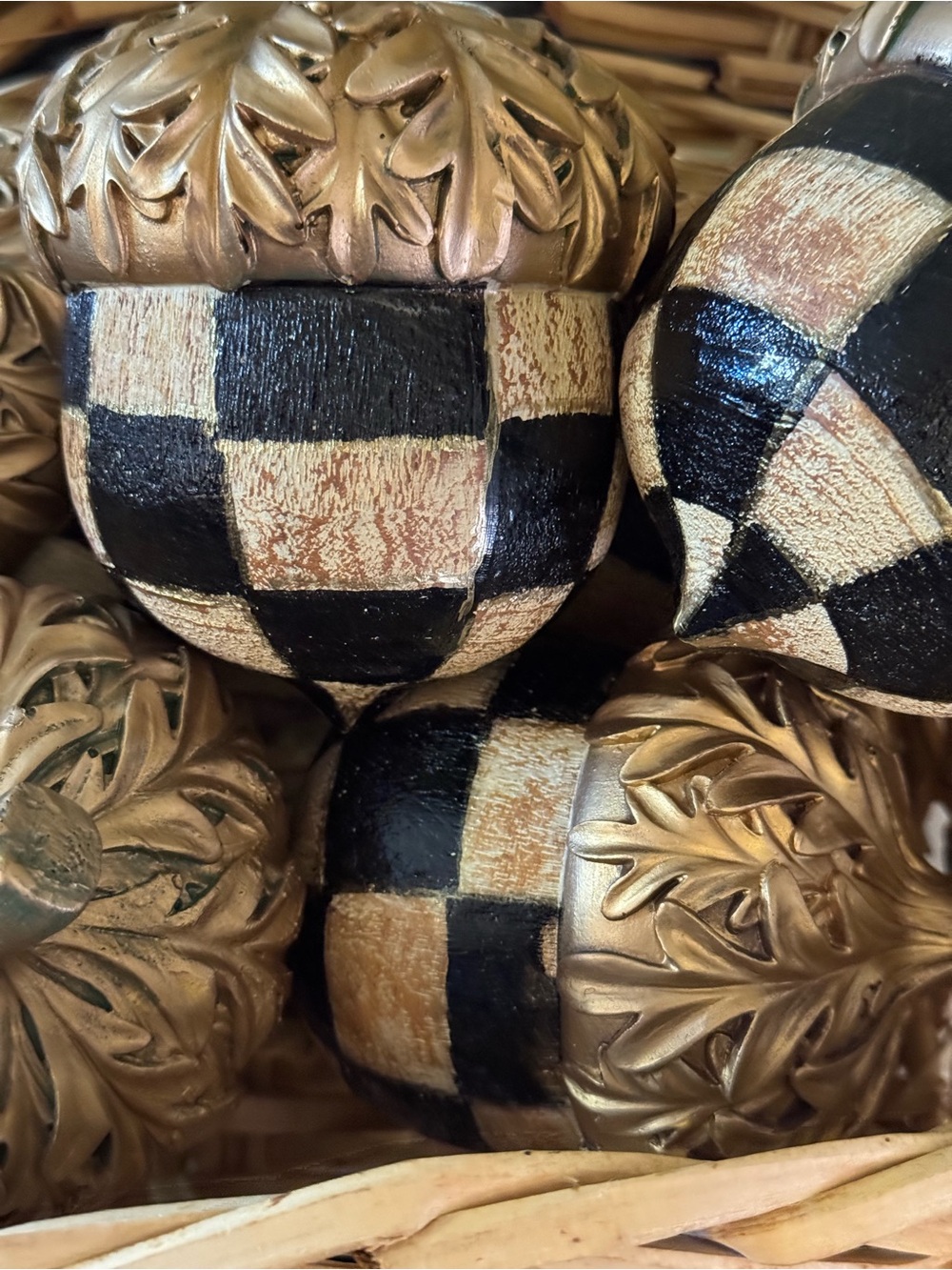 Hand-Painted Checkered Acorn Ornament - Gold & Black set of 3 - Picture 5 of 5